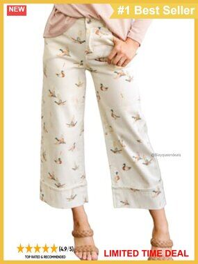 Womens Wide Leg Cropped Jeans Duck Print Cuffed Hem High Rise Pull On Denim